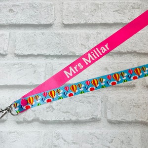 Rainbow Hot Air Balloon Blue Print Personalised Lanyard - Teacher Lanyard, Custom School Lanyard, Teacher Gift, Nursery, Friend, End of Term