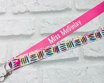 Crayon (multi) Print  Pencil Personalised Lanyard - Teacher Lanyard, Custom School Lanyard, Teacher Gift, Nursery Gift, Friend, End of Term