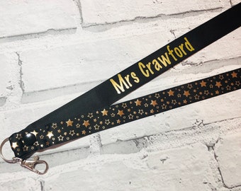 Black Gold Star Personalised Lanyard - Teacher Lanyard, Custom School Lanyard, Teacher Gift, Nursery Gift, Friend, End of Term, Keys