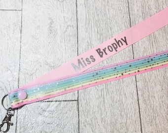 Pastel Rainbow Silver Stars Personalised Lanyard - Teacher Lanyard, Custom School Lanyard, Teacher Gift, Nursery Gift, Friend, End of Term