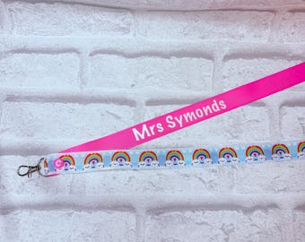 Happy Rainbow Print Personalised Lanyard - Custom Made To Order, Handmade Teacher School Work Gift ID Card Holder Personalized