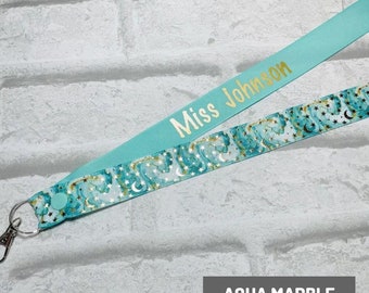 Lanyard Personalised Aqua Marble Moon & Star Galaxy Print - Teacher, Nurse, Doctor, Midwife, ID, Name badge, Keyring, Holder, Gift