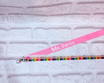Spotty Pencil Personalised Lanyard - Custom Made To Order, Handmade Teacher School Work Gift ID Card Holder Personalized