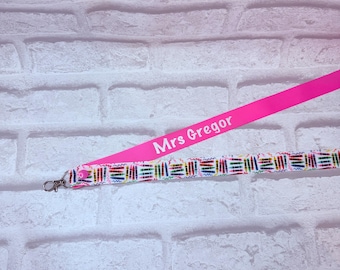 Crayon (multi) Print  Pencil Personalised Lanyard - Teacher Lanyard, Custom School Lanyard, Teacher Gift, Nursery Gift, Friend, End of Term