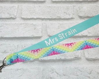 Pastel Rainbow Geometric Print Personalised Lanyard - Custom Made To Order, Handmade Teacher School Work Gift ID Card Holder Personalized