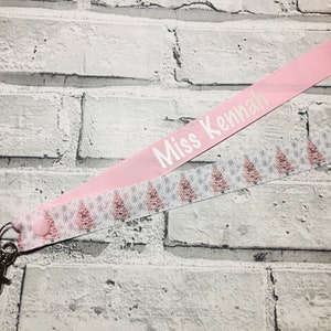 Pink Christmas Tree Print Personalised Lanyard - Teacher Lanyard, Custom School Lanyard, Teacher Gift, Nursery Gift, Friend, End of Term