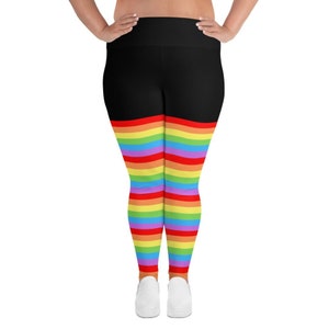 Rainbow Bright Stripe Sock Plus Size High Waist Leggings 2XL-6XL Black. Wear for festival, gym, yoga, pride, lgbtq, relaxing and