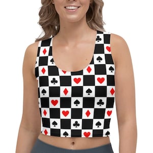Queen of Hearts Card Crop Top in zwart wit en rood. Perfect voor Games Night, Casina, Festival, Party, Casual, Emo