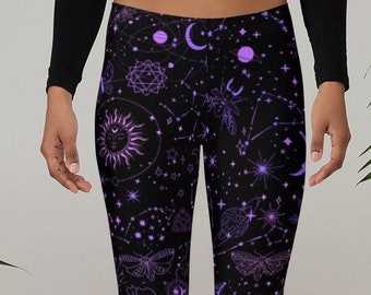 Cosmic Star Sun Moon Leggings for Pagan, Wiccan, Gothic or Witch with Flowers Moths