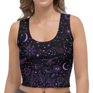 Cosmic Moon Sun Stars Galaxy Crop Top For Yoga, Festival, Pagan, Wicca, Sabbath, Gothic, Witch