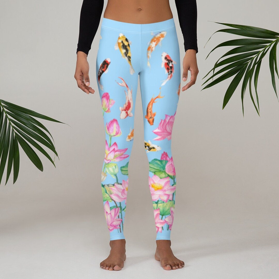 Lotus Flower and Koi Watercolour Leggings in Blue for Zen Meditation, Yoga,  Relaxing 