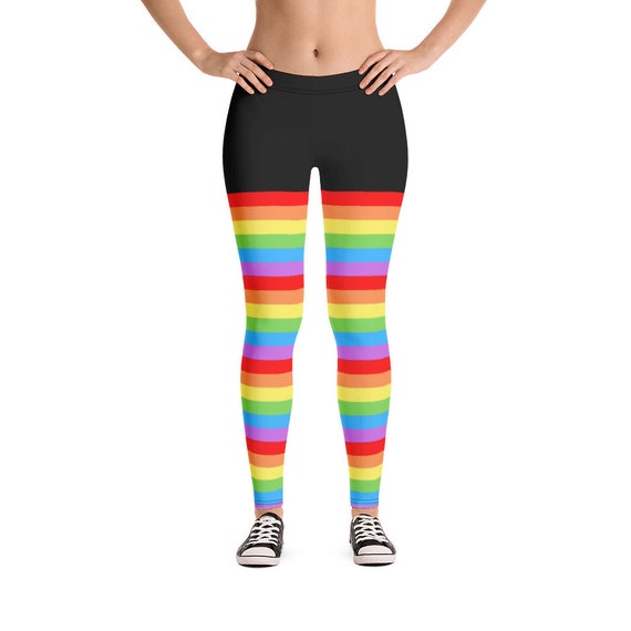 Rainbow Bright Stripe Sock Leggings in Black. Funky Tights for Festival,  Party, Gym, Yoga, Relaxing, Pride, Kawaii 