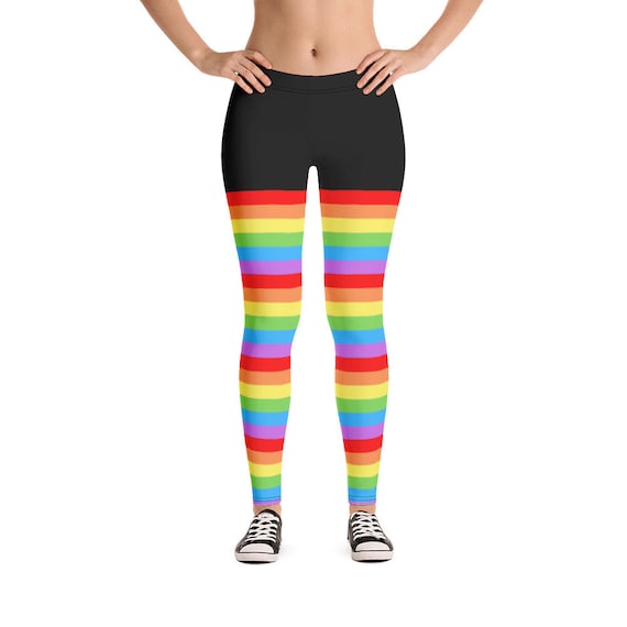 Rainbow Bright Stripe Sock Leggings in Black. Funky Tights for Festival,  Party, Gym, Yoga, Relaxing, Pride, Kawaii 