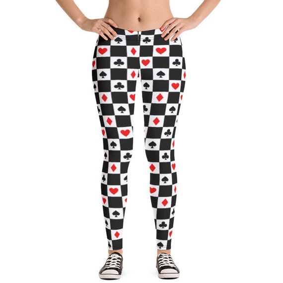Queen of Hearts Heart, Diamond, Club, Spade Black and White Leggings.  Perfect for Emo, Poker Night, Party, Festival, 