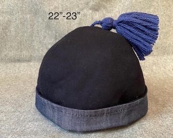 Blue Wool & Cotton Hand-Finished Round Cap
