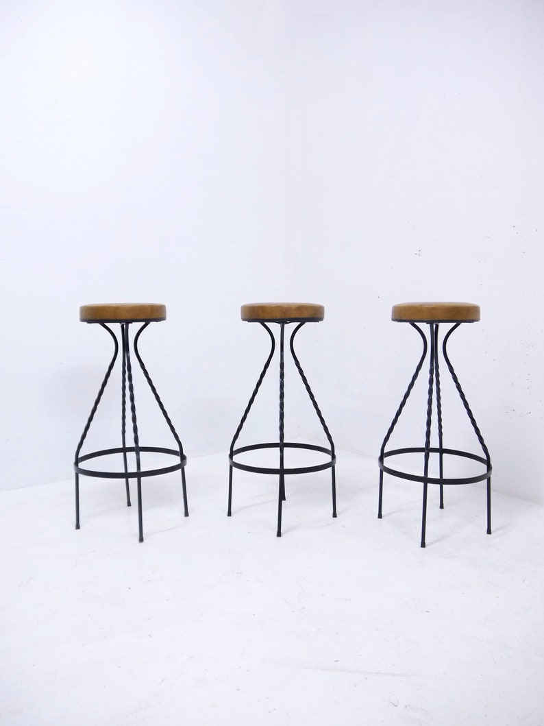 1of3 Vintage 1960s Bar Stools With Wrought Iron Legs And Vinyl Image 0