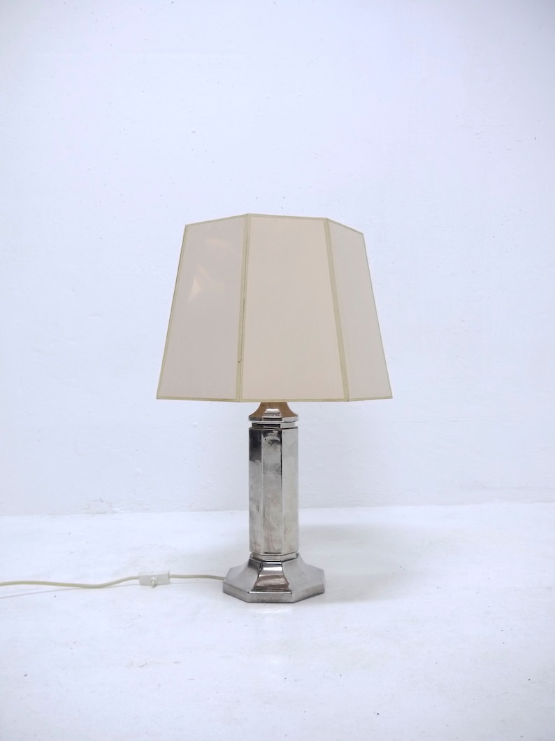 Silver Metal Base and Plastic Shade Vintage French Table Lamp Mid Century 1970s Hollywood Regency Style