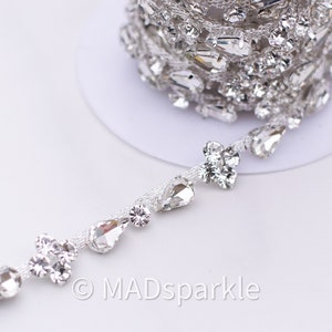 Thin Rhinestone Trim by the yard, bridal trim, luxury rhinestone banding, rhinestone metal trim, silver rhinestone Applique/ M027