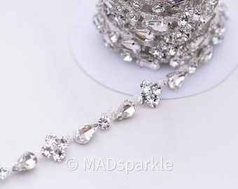 Thin Rhinestone Trim by the yard, bridal trim, luxury rhinestone banding, rhinestone metal trim, silver rhinestone Applique/ M027