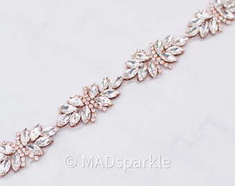 Rose Gold Crystal Rhinestone Trim by the yard, beaded bridal trim, luxury rhinestone banding, hotfix fabric rhinestone applique