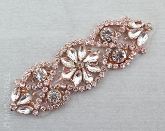 Rose gold Rhinestone Applique, Crystal motif, Hotfix Applique, luxury bridal applique, rose gold applique, beaded rose gold gold motif//M021