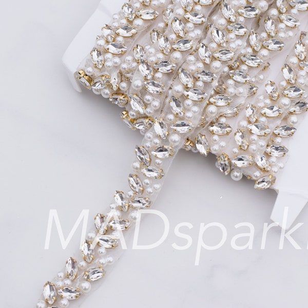 Adorno de diamantes de imitación de perlas cortado a medida, adorno de novia fino, aplique de cristal de diamantes de imitación de plata de lujo // M090