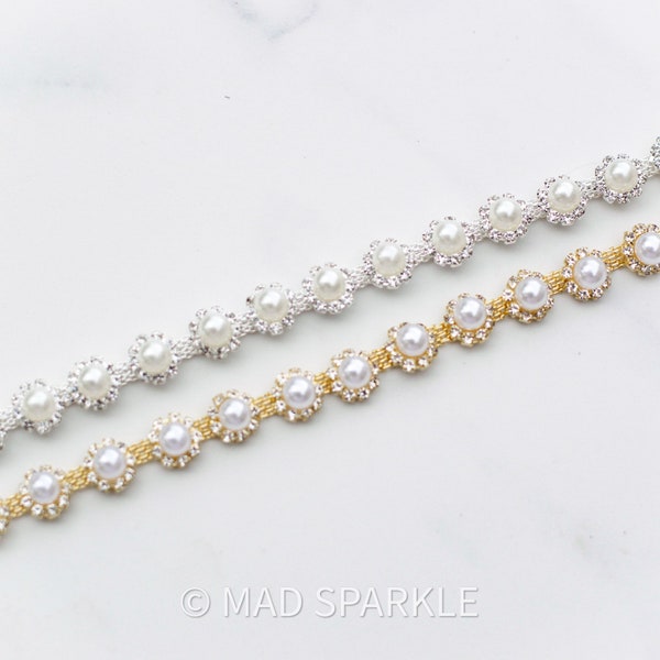 Rhinestone and Pearl Trim by the yard, bridal trim, luxury rhinestone banding, rhinestone metal trim, silver rhinestone Applique/