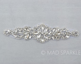 Silver Rhinestone Applique, long crystal applique motif, Hotfix Applique, bridal applique, beaded motif, rhinestone millinery supply //M094