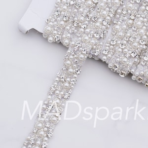 Pearl and Rhinestone Trim by the Yard/ Pearl Beaded Wedding Trim Applique // M129