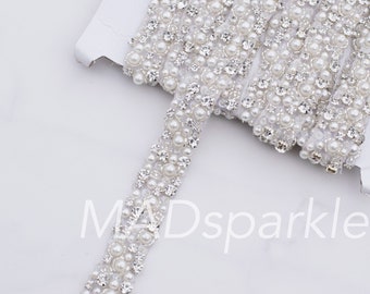 Pearl and Rhinestone Trim by the Yard/ Pearl Beaded Wedding Trim Applique // M129