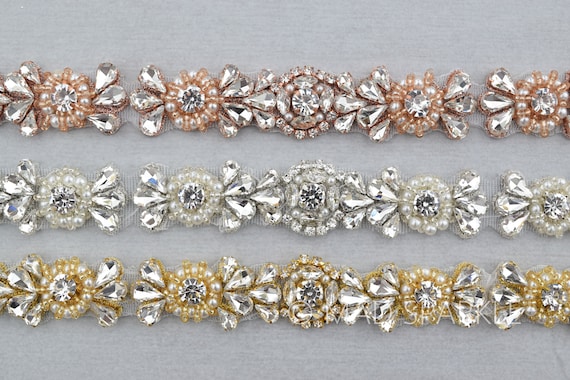 Pearl and Rhinestone Trim by the yard, Thin bridal trim, luxury silver rhinestone crystal applique, rose gold applique / M041