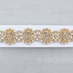 Gold pearl Applique, Crystal Trim by the yard, Hotfix Applique, Gold bridal trim, luxury pearl rhinestone applique, gold applique //M045