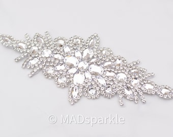 Rhinestone Applique: Crystal Bridal Trim, Sewing Motif (9.5"x3.5")