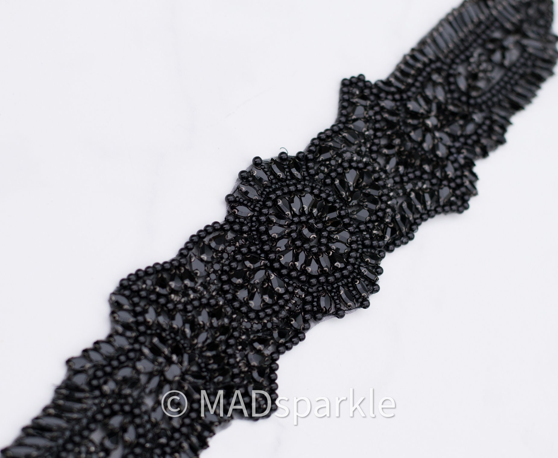 RHS-APL-M132-BLACK. Black Rhinestones on Black Metal Applique. 4 x 2.5  Inches