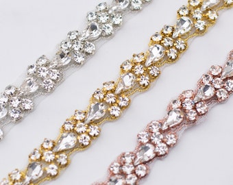 Thin Crystal Rhinestone Trim by the yard, crystal bridal trimming, luxury rhinestone fabric banding, Rhinestone Applique/M140