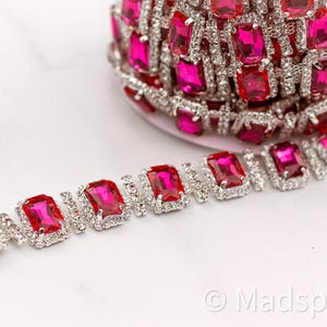 Fuchsia Crystal Rhinestone Trim by the yard, hot pink fancy cup chain for costume, luxury rhinestone patch, rhinestone metal sew on trim
