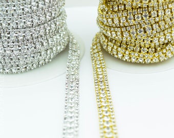 Wholesale Rhinestone Trim by the yard, fancy cupchain, thin bridal trim, luxury rhinestone banding, gold rhinestone metal trim //M029