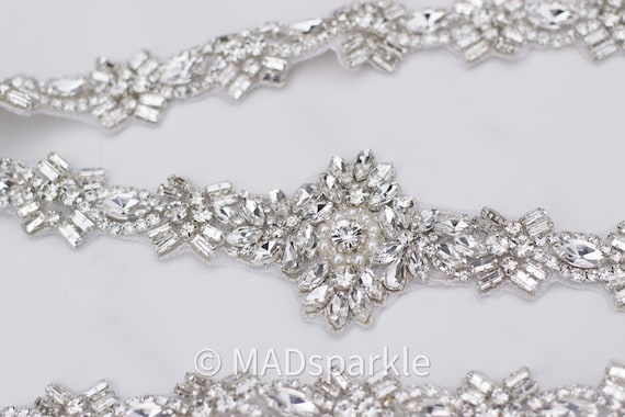 Long Crystal Bridal Applique: Silver Rhinestone Wedding Belt  display picture 2