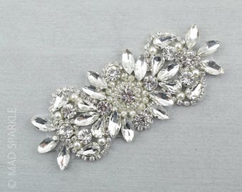 Rhinestone Applique, Crystal Trim, small Applique, bridal trim, luxury bridal pearl applique, millinery sewing notions , beaded motif//M085