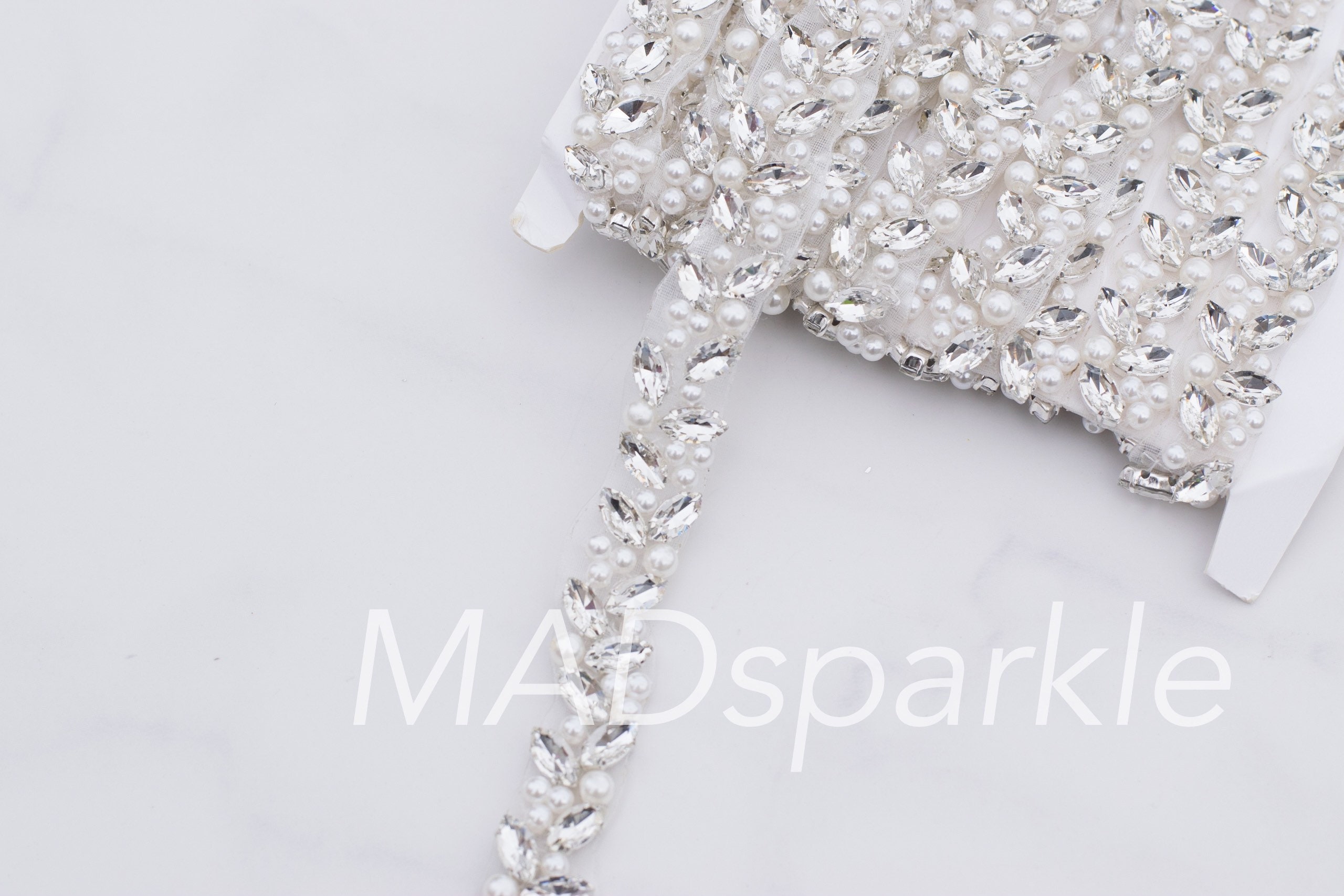 Pearl Rhinestone Trim by the yard, Thin bridal trim, luxury silver rh…