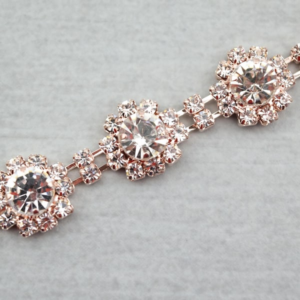 Rose Gold Rhinestone Trim by the yard, bridal trim, luxury rhinestone banding, rhinestone metal trim, rose gold Applique/M024