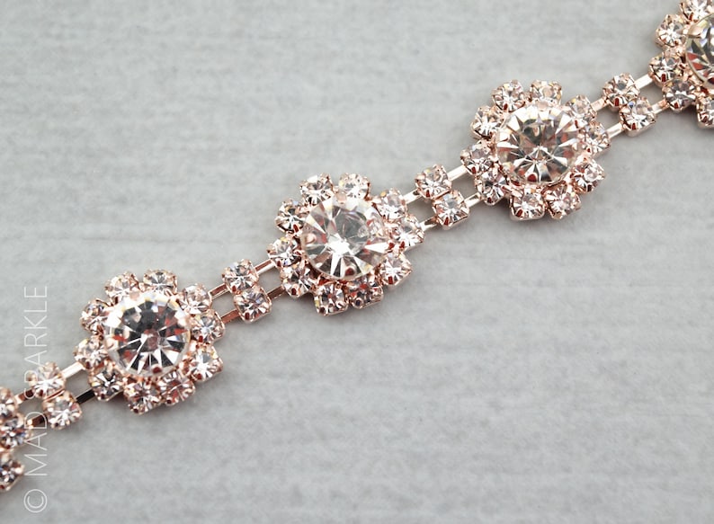 Rose Gold Rhinestone Trim by the yard, bridal trim, luxury rhinestone banding, rhinestone metal trim, rose gold Applique/M024 image 1