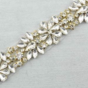 Gold Rhinestone Applique, Crystal Trim by the yard, Hotfix Applique, bridal trim, luxury gold rhinestone applique, gold applique //M051