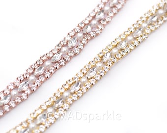 Pearl Rhinestone Trim by the yard, Thin bridal trim, luxury rhinestone crystal applique