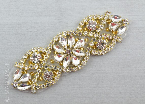Gold Rhinestone Applique- Bridal Applique- crystal motif - Gold