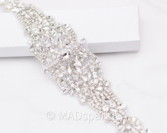 Large 14" Silver Rhinestone Bridal Applique: Crystal Beaded Motif