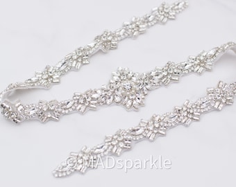Long Crystal Bridal Applique: Silver Rhinestone Wedding Belt Trim (27")