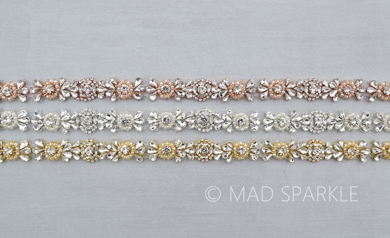 May include: Three rows of beaded trim with crystal and pearl embellishments. The trim is available in silver, rose gold, and gold.