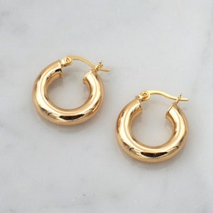 May include: A pair of gold hoop earrings. The hoops are thick and have a smooth, polished finish.