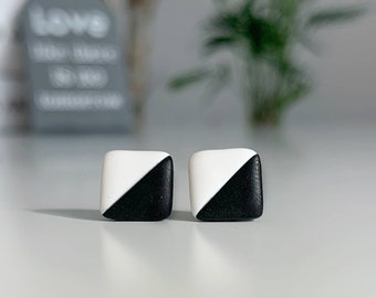 Geometric earrings, Square stud earrings, Hypoallergenic studs, Black and white jewelry, Simple studs black, Minimalist earrings black